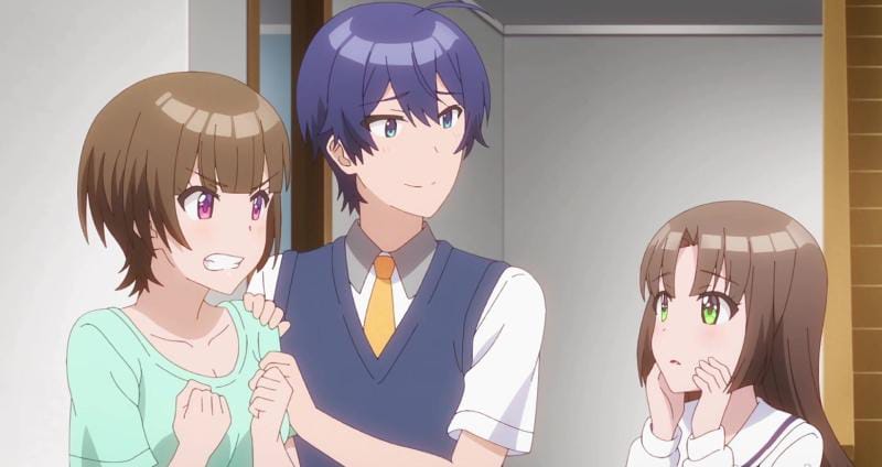 osananajimi ga zettai ni makenai lovecome, 1boy, 2girls, angry, hetero, multiple girls, ojos abiertos, pelo corto, shida midori