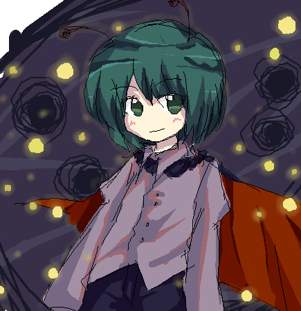 niji (nijioki), wriggle nightbug, touhou, bad id, bad pixiv id, lowres, 1girl, antennae, blouse, bug, collared shirt, female focus, fireflies, firefly, grey shirt, insect, oekaki, shirt, solo