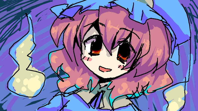 niji (nijioki), saigyouji yuyuko, touhou, bad id, bad pixiv id, 1girl, blue hat, blush stickers, female focus, hat, mob cap, oekaki, pink hair, red eyes, solo