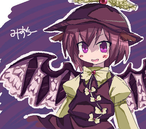 niji (nijioki), mystia lorelei, touhou, bad id, bad pixiv id, 1girl, animal ears, blush stickers, dress, female focus, hat, no nose, oekaki, open mouth, pink hair, purple eyes, short hair, solo, wings