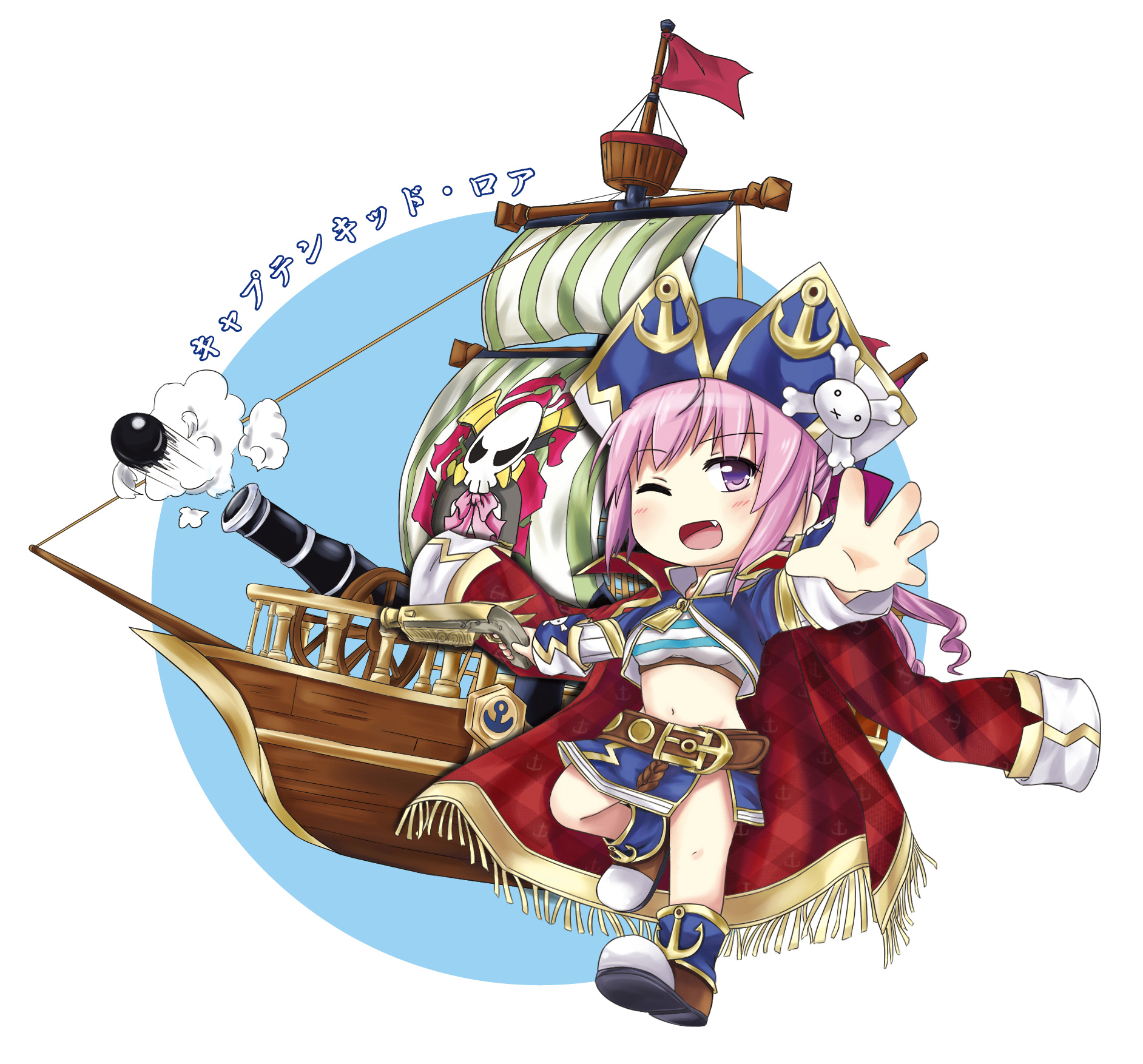 yukuri, emil chronicle online, highres, 1girl, blue boots, blue hat, blue jacket, blue skirt, blue tank top, boat, boots, cannon, captain kid lore, character name, chibi, drill hair, drill ponytail, fang, gun, hat, holding, holding gun, holding weapon, jacket, jacket on shoulders, long hair, navel, one eye closed, open hand, open mouth, pink hair, pirate hat, pirate ship, ponytail, purple eyes, red jacket, sailboat, side slit, skirt, solo, split ponytail, standing, standing on one leg, striped tank top, tank top, watercraft, weapon, white tank top