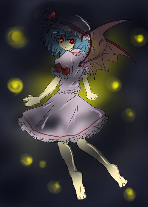 niji (nijioki), remilia scarlet, touhou, bad id, bad pixiv id, 1girl, barefoot, blue hair, female focus, full body, gradient background, hat, mob cap, red eyes, skirt, solo, wings