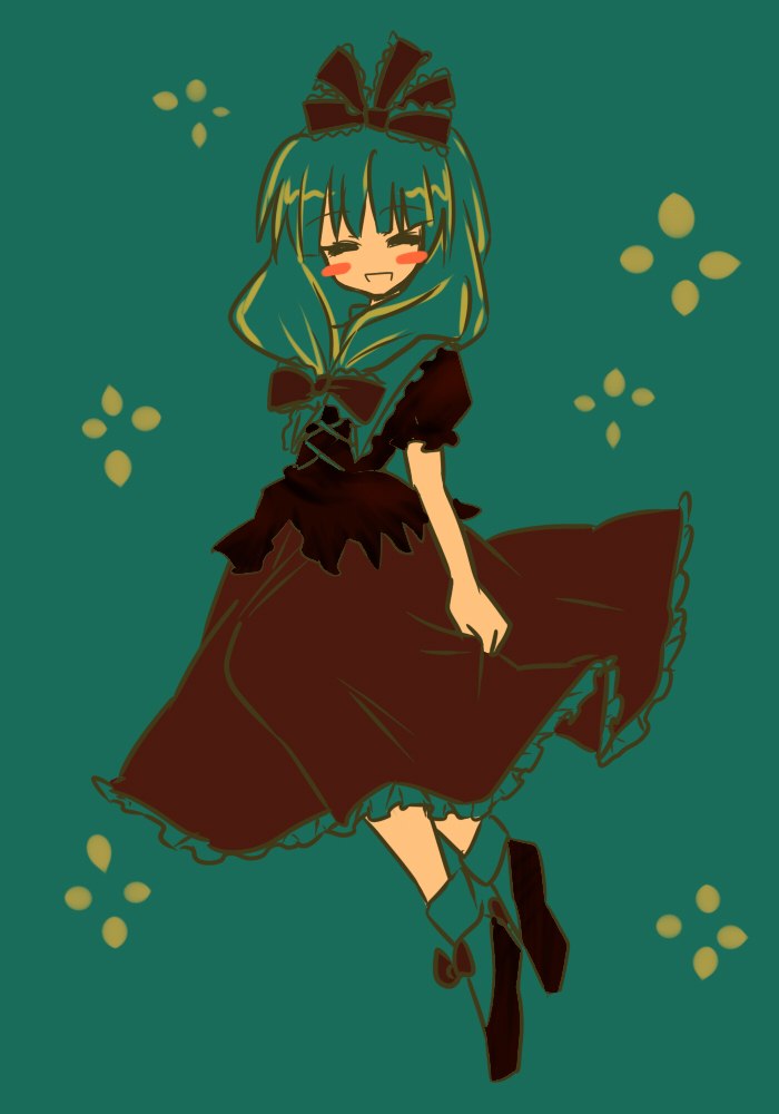 niji (nijioki), kagiyama hina, touhou, bad id, bad pixiv id, 1girl, :d, ^ ^, blush stickers, bow, closed eyes, dress, female focus, front ponytail, green background, green hair, hair bow, open mouth, puffy short sleeves, puffy sleeves, red bow, red dress, short hair, short sleeves, simple background, smile, solo