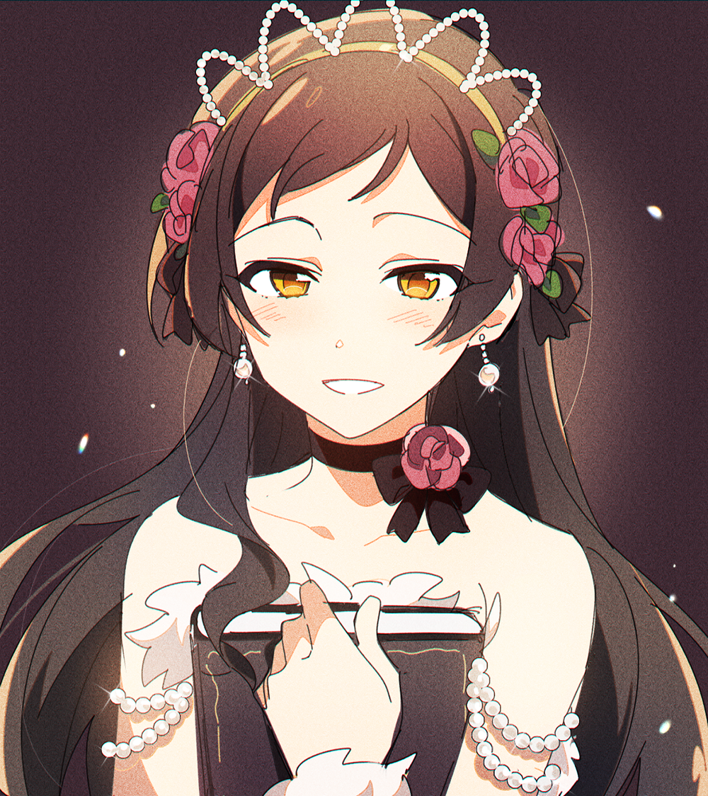 ap bar, kitazawa shiho, idolmaster, idolmaster million live!, idolmaster million live! theater days, 1girl, bare shoulders, black flower, book, brown eyes, brown hair, choker, collarbone, earrings, flower, flower choker, glint, grin, hair flower, hair ornament, holding, holding book, jewelry, kitazawa shiho (princess story), light blush, long hair, official alternate costume, pink flower, smile, solo, strapless, upper body