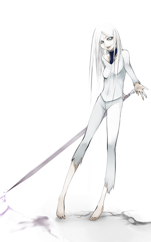 yama, miata, miata (claymore), claymore (series), 00s, 1girl, barefoot, claymore (sword), female focus, long legs, solo, sword, weapon, white hair