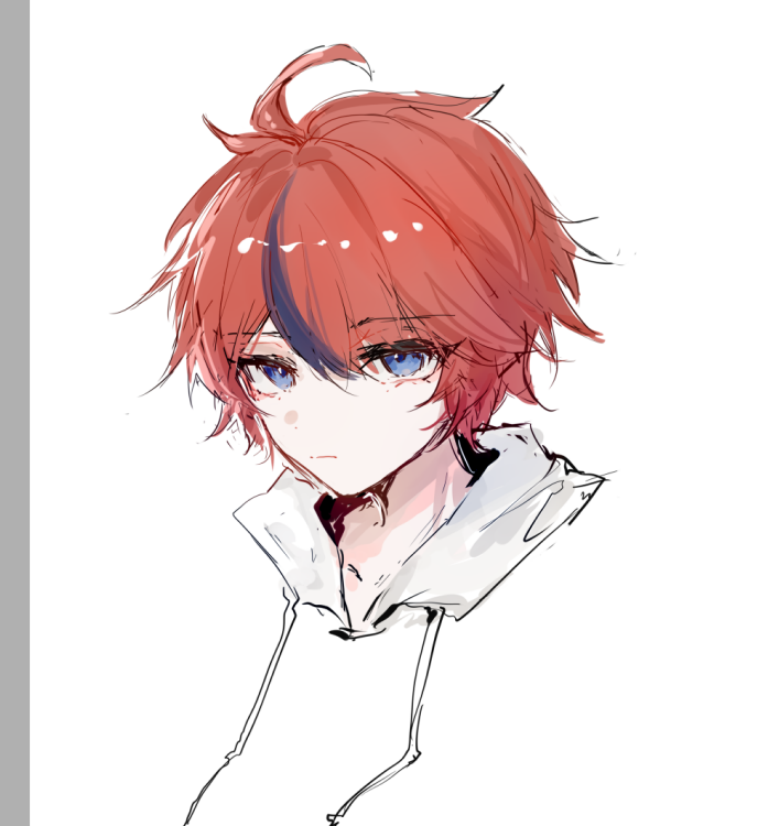 sumino takumi, the hundred line -last defense academy-, chinese commentary, commentary request, 1boy, ahoge, black hair, blue eyes, closed mouth, cropped shoulders, drawstring, hood, hood down, hoodie, male focus, multicolored hair, red hair, short hair, simple background, solo, streaked hair, two-tone hair, white background, white hoodie, zhuideyang53897