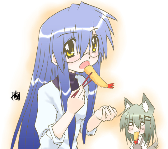 kairakuen umenoka, aono makishi, yuzaki tatami, torikoro, 2girls, :o, animal ears, blue hair, blush, eating, empty eyes, fox ears, glasses, green hair, hair between eyes, long hair, long sleeves, looking at viewer, multiple girls, o o, open mouth, rimless eyewear, simple background, surprised, upper body, very long hair, white background, yellow eyes