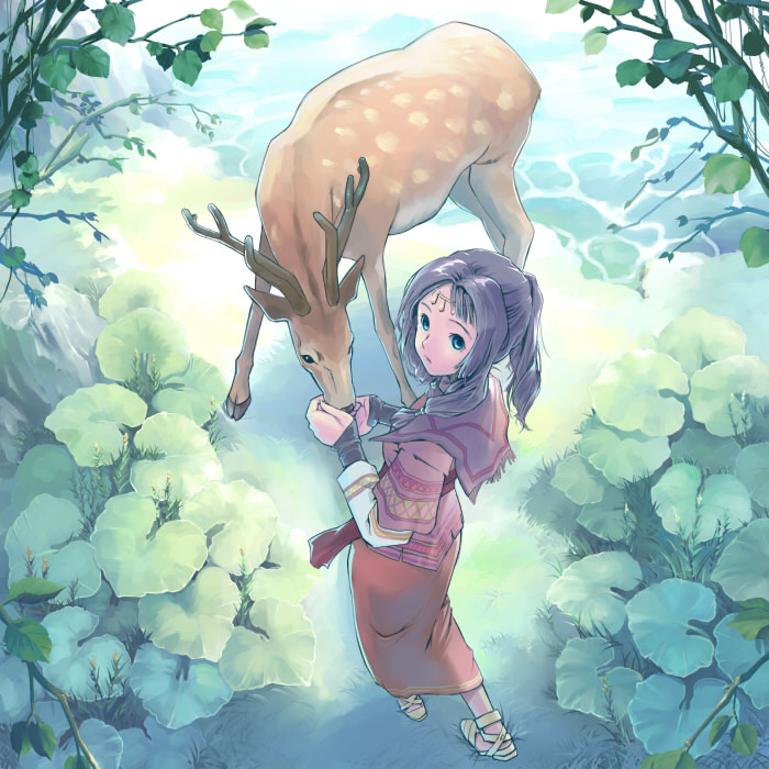kurachi, original, 1girl, blue eyes, blue hair, brown hair, capelet, deer, expressionless, feeding, female focus, flower, from above, green eyes, hair intakes, long hair, long skirt, looking at viewer, looking back, matching hair/eyes, nature, plant, ponytail, river, sandals, sash, skirt, solo, tree