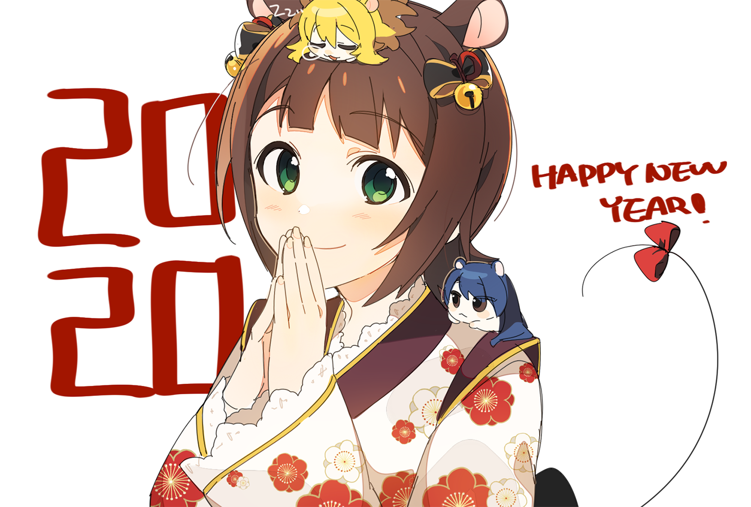 ap bar, amami haruka, hoshii miki, kisaragi chihaya, idolmaster, idolmaster (classic), 1girl, 2020, animal, animal ears, animal on head, animal on shoulder, animalization, bell, black bow, bow, brown hair, chinese zodiac, closed mouth, floral print, floral print kimono, green eyes, hair bell, hair bow, hair ornament, happy new year, japanese clothes, kemonomimi mode, kimono, looking at viewer, mouse (animal), mouse ears, mouse girl, mouse tail, multiple hair bows, new year, nose bubble, on head, own hands together, praying, print kimono, red bow, short hair, simple background, sleeping, smile, tail, tail bow, tail ornament, white background, year of the rat, zzz