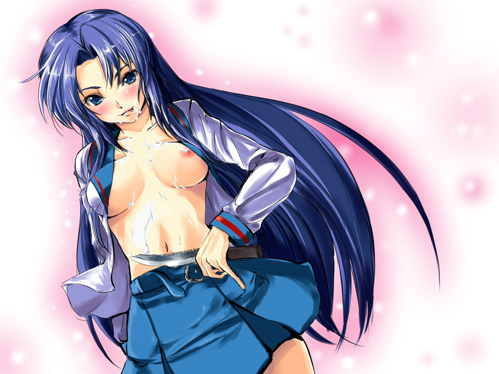 gin'ichi (akacia), ginichi, asakura ryoko, suzumiya haruhi no yuuutsu, highres, 00s, 1girl, breasts, cum, cum on body, facial, female focus, knife, large breasts, naughty face, nipples, open clothes, open shirt, shirt, solo