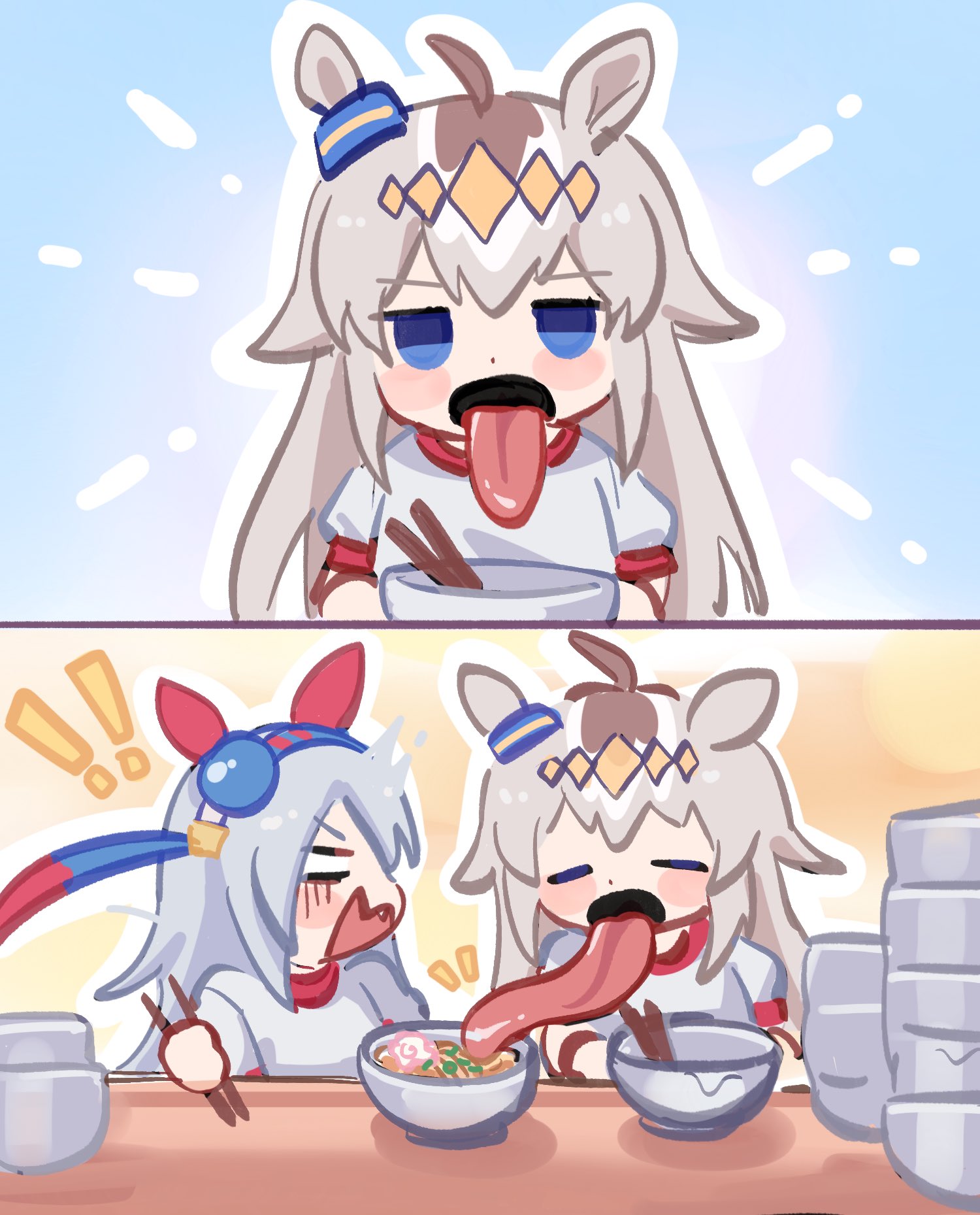 oguri cap (umamusume), tamamo cross (umamusume), umamusume, umamusume: cinderella gray, highres, ahoge, animal ears, blue eyes, blue hairband, blush, bowl, brown hair, chopsticks, closed eyes, ear covers, ear ornament, empty bowl, eyemethyst, fang, food, glutton, grey hair, gym shirt, hair between eyes, hair ornament, hairband, headband, holding, holding chopsticks, horse ears, horse girl, long hair, long tongue, multicolored hair, multiple girls, noodles, open mouth, ramen, red headband, shirt, short sleeves, striped clothes, striped hairband, table, tongue, tongue out, tracen training uniform, upper body, very long hair, very long tongue, white shirt