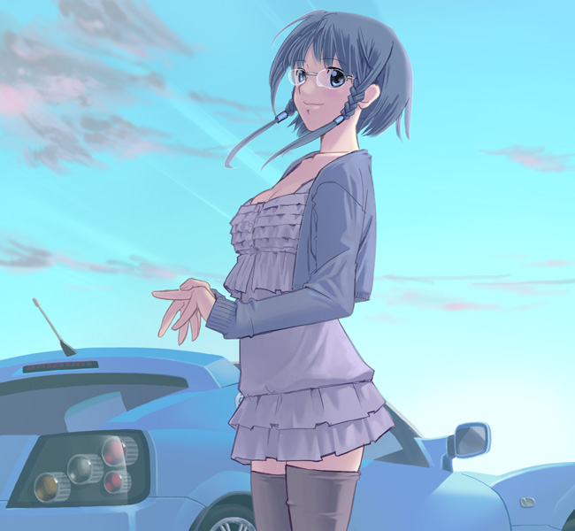 kurachi, original, blue eyes, blue hair, car, glasses, motor vehicle, opel (company), opel speedster, skirt, solo, thighhighs, zettai ryouiki
