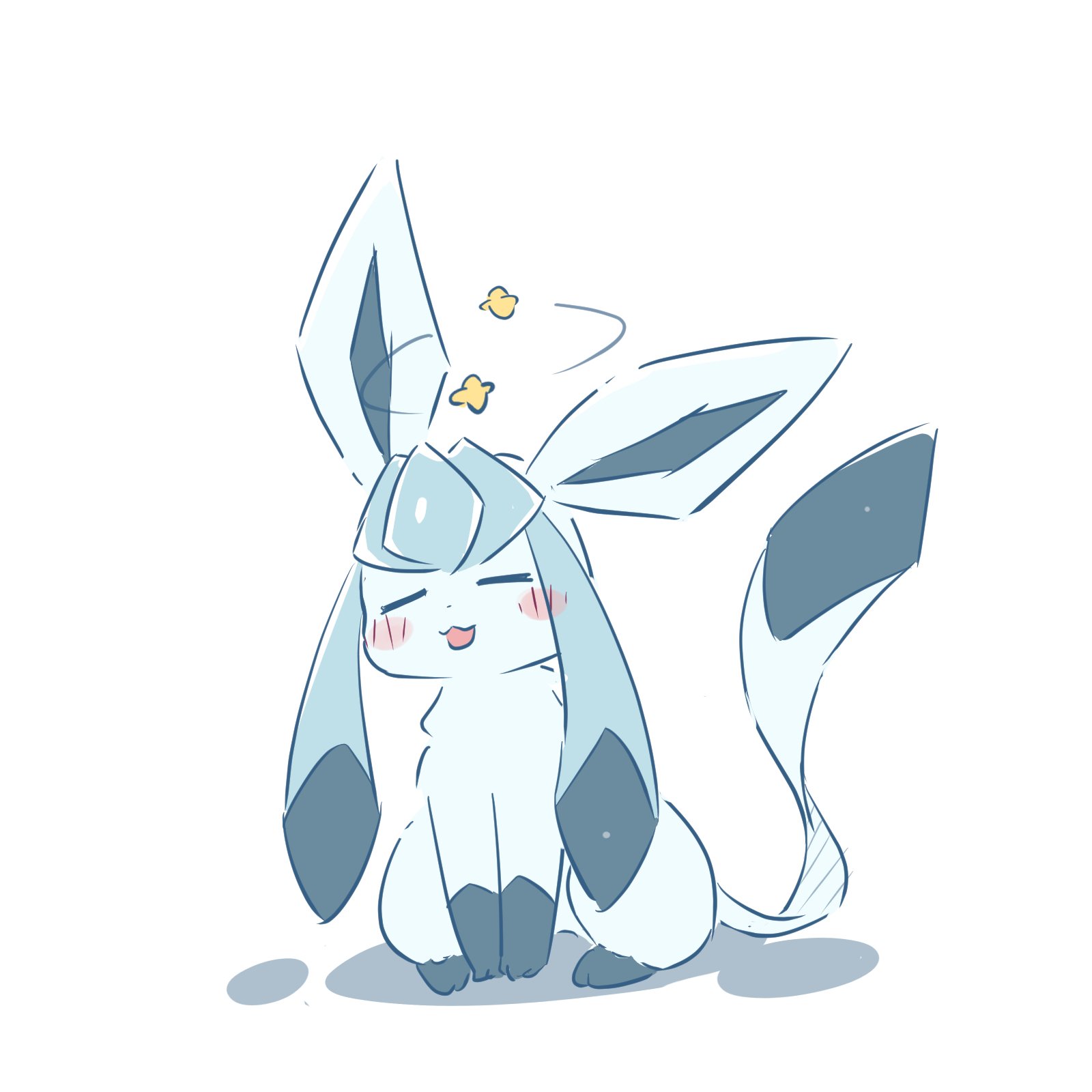 foznya, glaceon, nintendo, pokemon, highres, animal focus, blue fur, blush, closed eyes, dizzy, full body, gen 4 pokemon, no humans, open mouth, pokemon (creature), pokemon focus, simple background, tail, white background