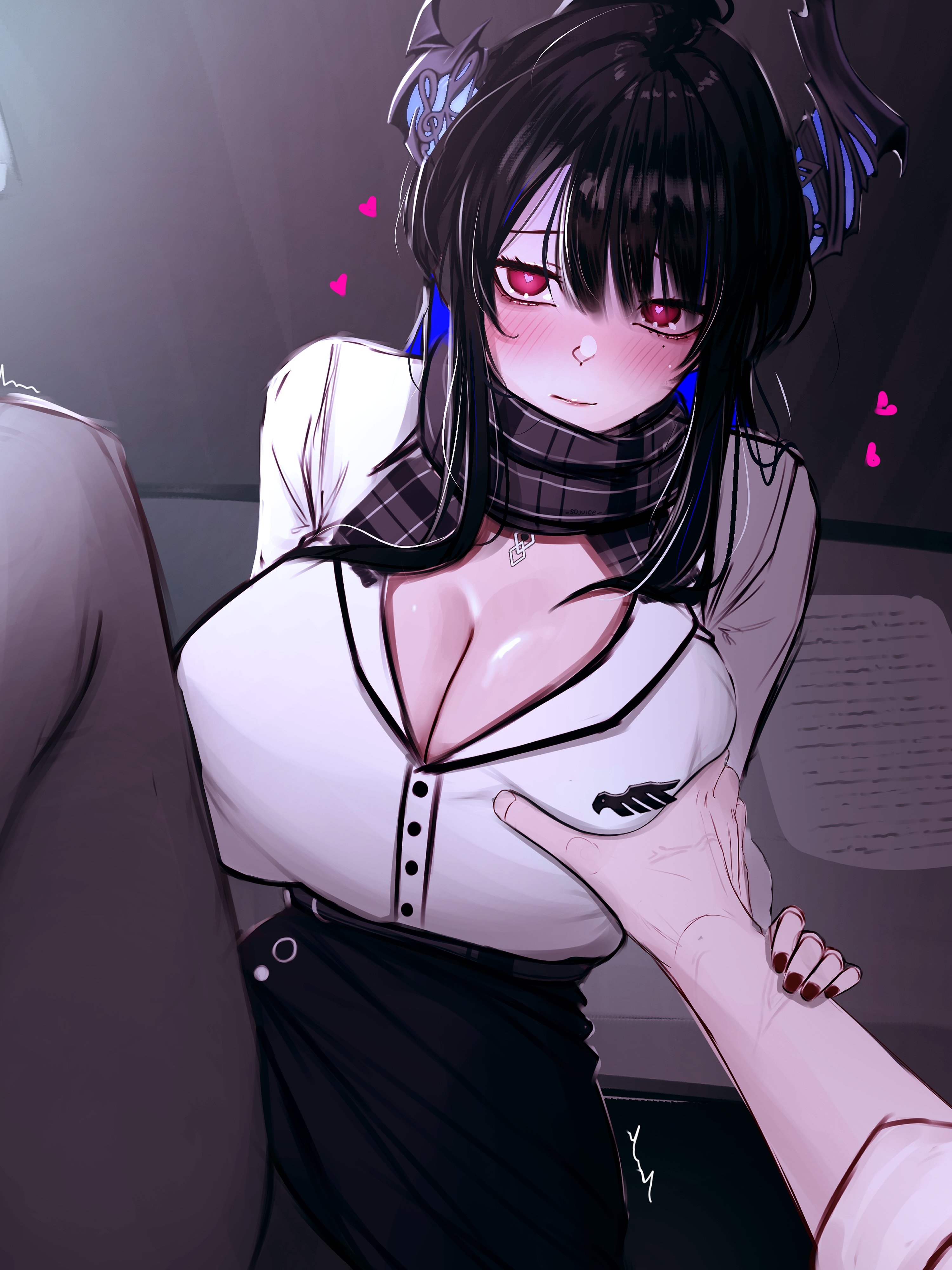 soju ice, nerissa ravencroft, hololive, hololive english, absurdres, highres, 1girl, black hair, black horns, black nails, black scarf, blush, breasts, broken horn, closed mouth, grabbing another's breast, groping, guided breast grab, guiding hand, heart, high-waist skirt, horns, large breasts, pantyhose, plaid clothes, plaid scarf, red eyes, scarf, shirt, skirt, virtual youtuber, white shirt