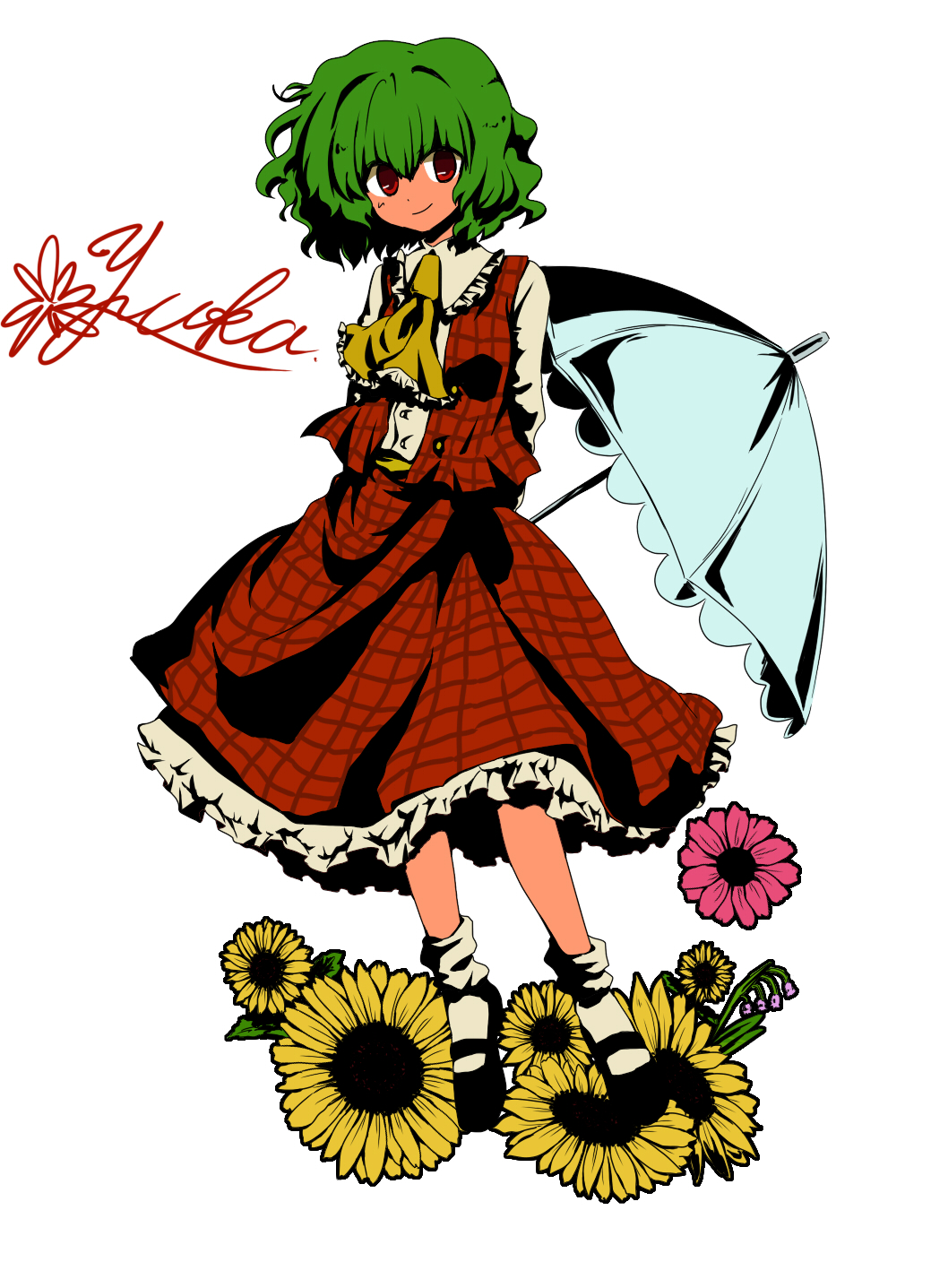niji (nijioki), kazami yuuka, touhou, bad id, bad pixiv id, highres, 1girl, ascot, character name, female focus, flower, full body, green hair, mary janes, oekaki, parasol, plaid clothes, plaid skirt, plaid vest, red eyes, shoes, short hair, skirt, skirt set, smile, solo, sunflower, umbrella, vest, white background