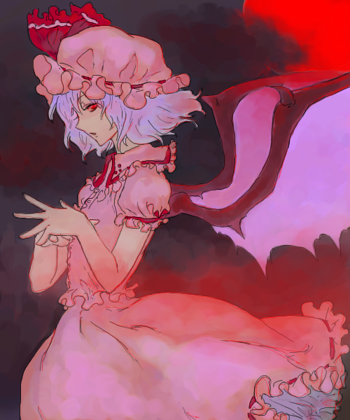 remilia scarlet, touhou, 1girl, female focus, hat, mob cap, pink hat, profile, purple hair, red eyes, short hair, short sleeves, solo, wings