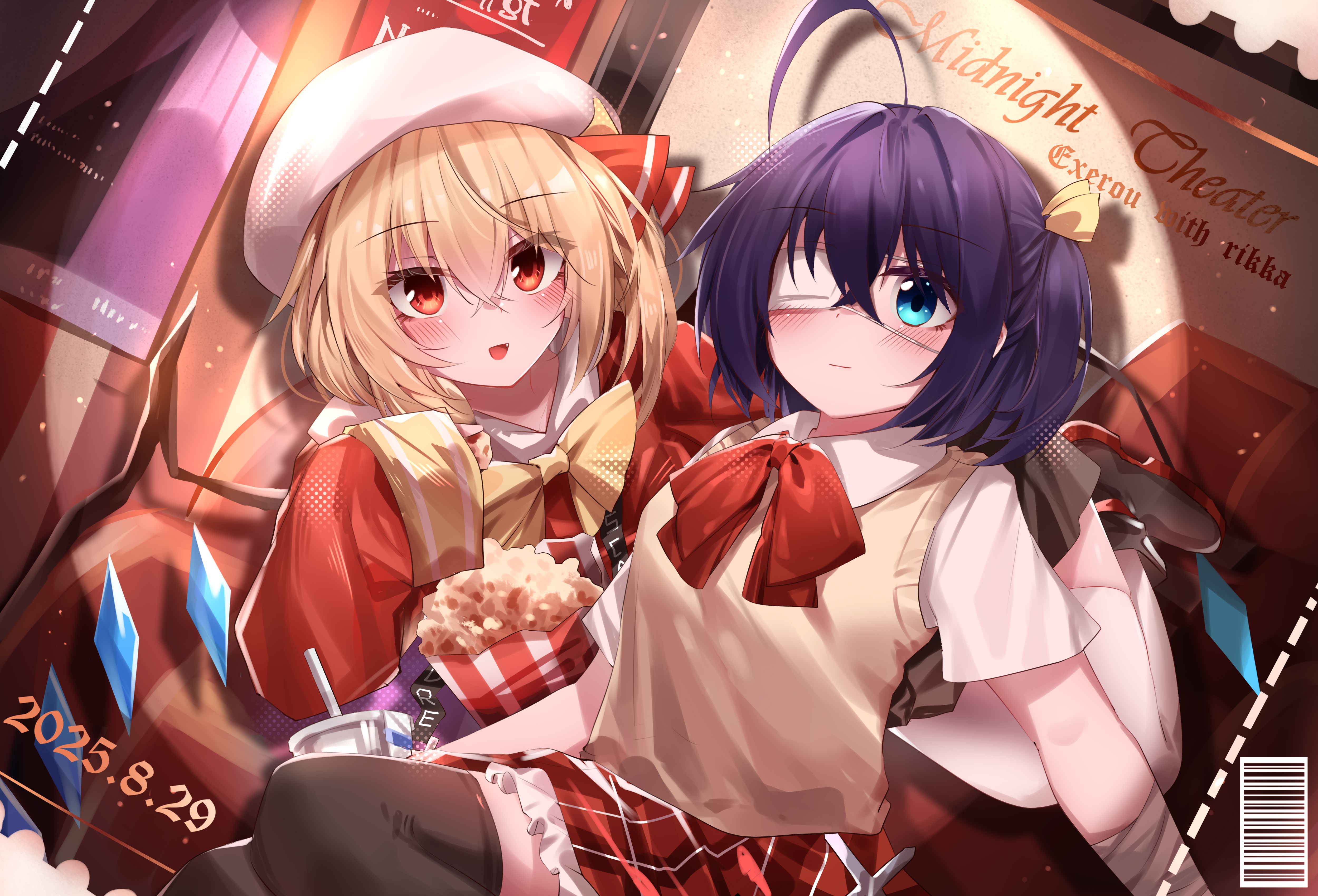 top-exerou, flandre scarlet, takanashi rikka, chuunibyou demo koi ga shitai!, touhou, absurdres, chinese commentary, commentary request, highres, 2025, 2girls, :d, ahoge, alternate costume, alternate headwear, beret, black boots, black hair, black thighhighs, blonde hair, blue eyes, blush, boots, bow, bowtie, closed mouth, collared shirt, crossover, dated, english text, eyelashes, eyepatch, eyes visible through hair, fang, food, frilled skirt, frills, hair between eyes, hand up, hat, looking at viewer, lying, medical eyepatch, medium hair, miniskirt, multiple girls, on side, one eye covered, one side up, open mouth, plaid clothes, plaid skirt, popcorn, red bow, red bowtie, red eyes, red skirt, school uniform, shadow, shirt, short sleeves, sitting, skirt, sleeves past wrists, smile, spotlight, sweater vest, thighhighs, white hat, white shirt, white thighhighs, yellow bow, yellow bowtie, yellow sweater vest, zettai ryouiki