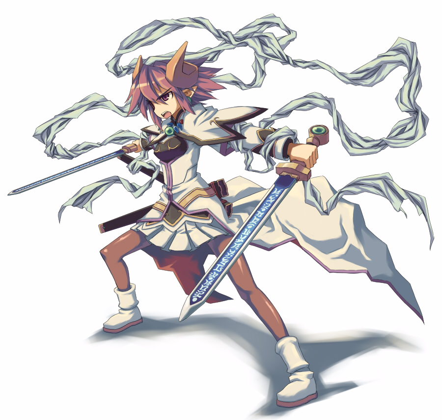 pera, daimadou shion (shinrabanshou), shion (shinrabanshou), shinrabanshou, 1girl, brown eyes, brown hair, demon girl, dual wielding, female focus, holding, horns, solo, sword, weapon