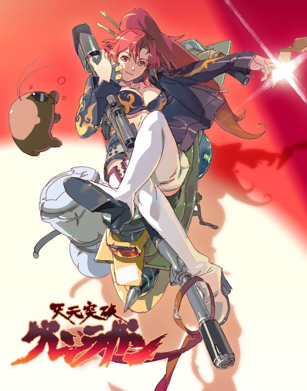 119, 1ten, boota (ttgl), yoko littner, tengen toppa gurren lagann, jpeg artifacts, 00s, 1girl, boots, female focus, gun, jacket, long hair, oekaki, ponytail, red hair, rifle, sniper rifle, solo, sunglasses, thigh boots, thighhighs, weapon