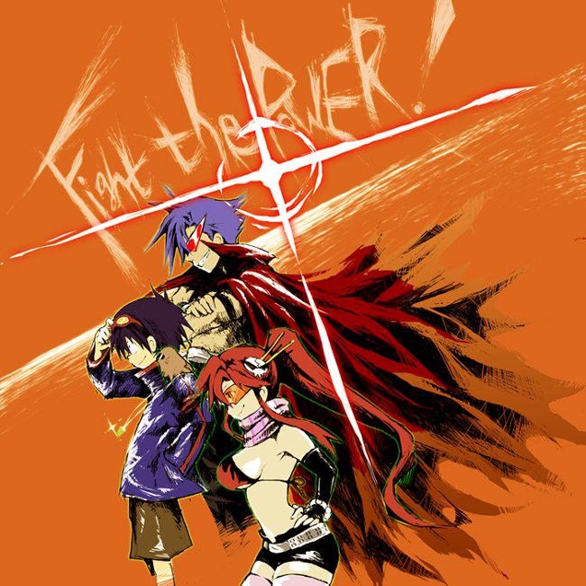 kamina (ttgl), simon (ttgl), yoko littner, tengen toppa gurren lagann, 00s, 1girl, 2boys, bare shoulders, belt, blue hair, breasts, buckle, from side, goggles, goggles on head, hair ornament, large breasts, long hair, multiple boys, orange background, pink thighhighs, red hair, short shorts, shorts, sideboob, simple background, skull hair ornament, spiked hair, thighhighs, upper body, very long hair, zettai ryouiki