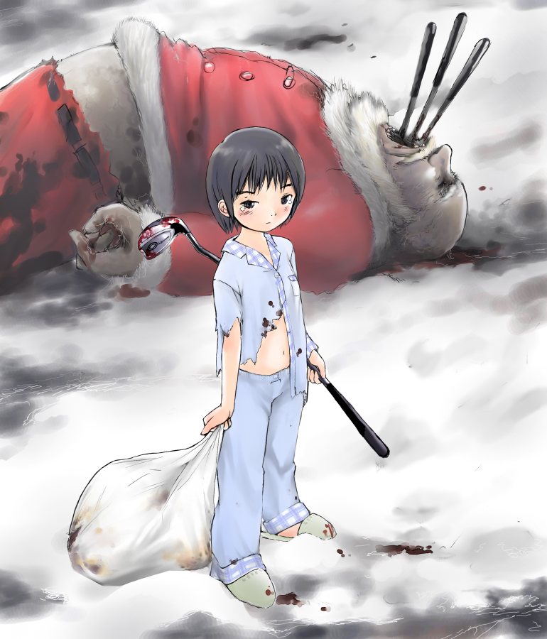 kashmir, santa claus, beard, blood, child, christmas, death, facial hair, golf club, pajamas, santa costume, snow, solo, tears, torn clothes