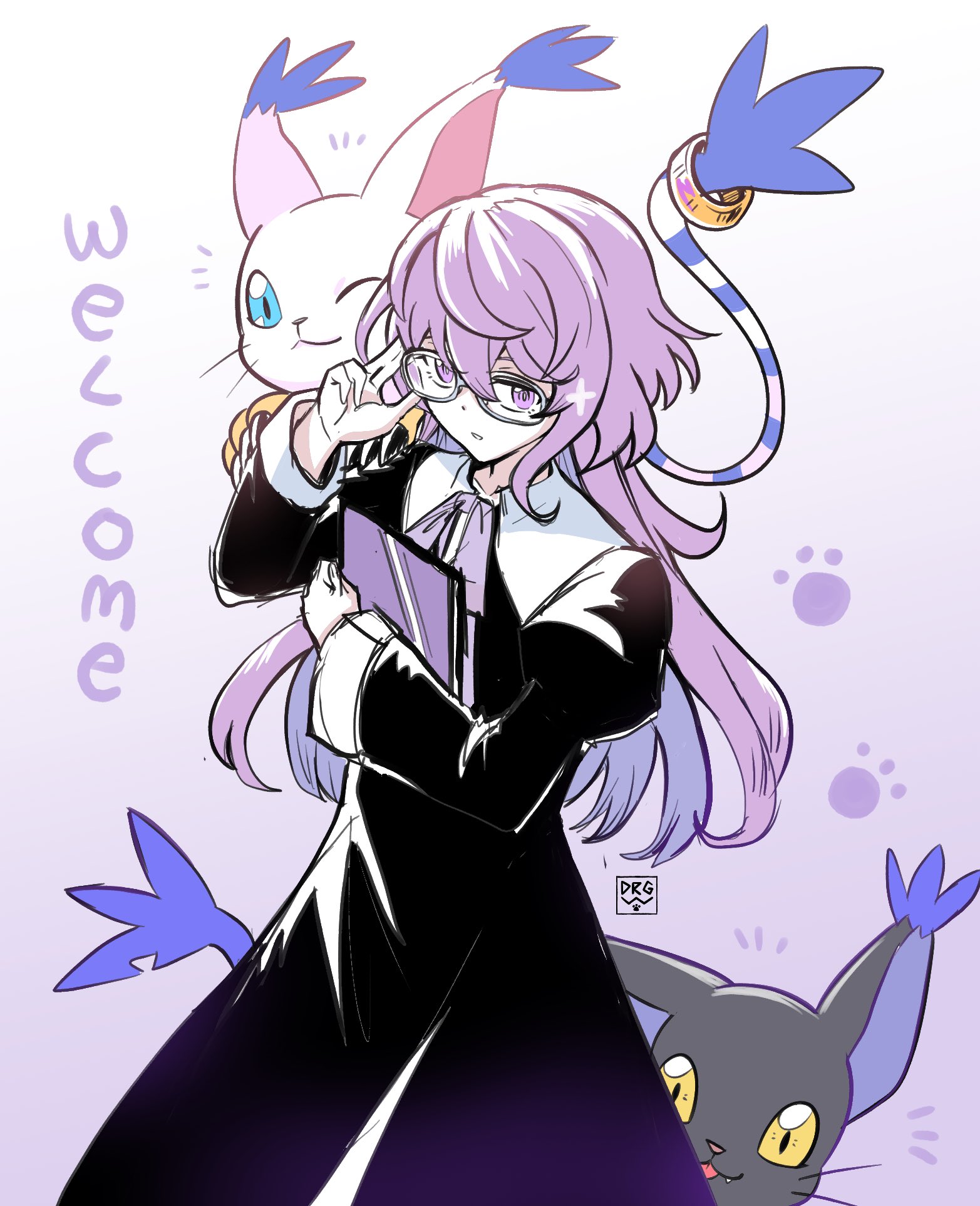 slayer dramonz, blacktailmon, mikagura mirei, tailmon, digimon, digimon story: time stranger, highres, 1girl, adjusting eyewear, aged down, black dress, cat, digimon (creature), dress, glasses, purple eyes, purple hair