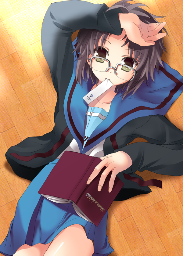 tatami to hinoki, nagato yuki, suzumiya haruhi no yuuutsu, bad id, bad pixiv id, 00s, 1girl, book, brown eyes, female focus, glasses, grey hair, school uniform, serafuku, short hair, solo