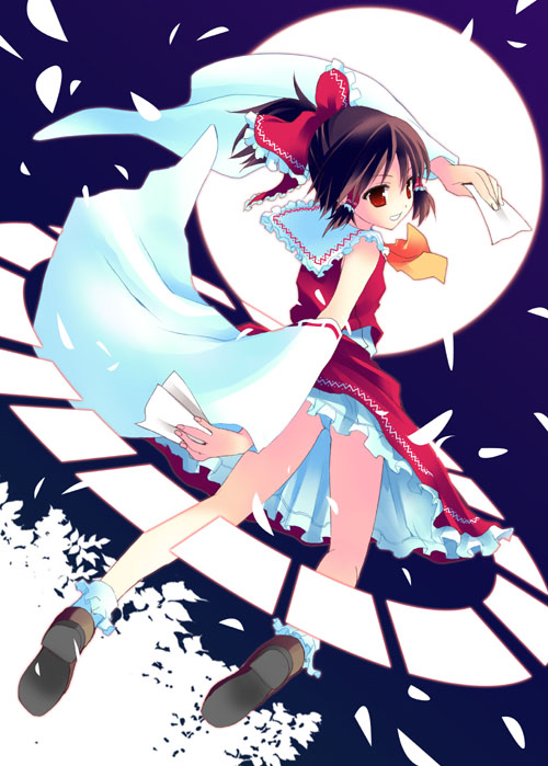 tatami to hinoki, hakurei reimu, touhou, bad id, 1girl, brown hair, female focus, moon, red eyes, smile, solo