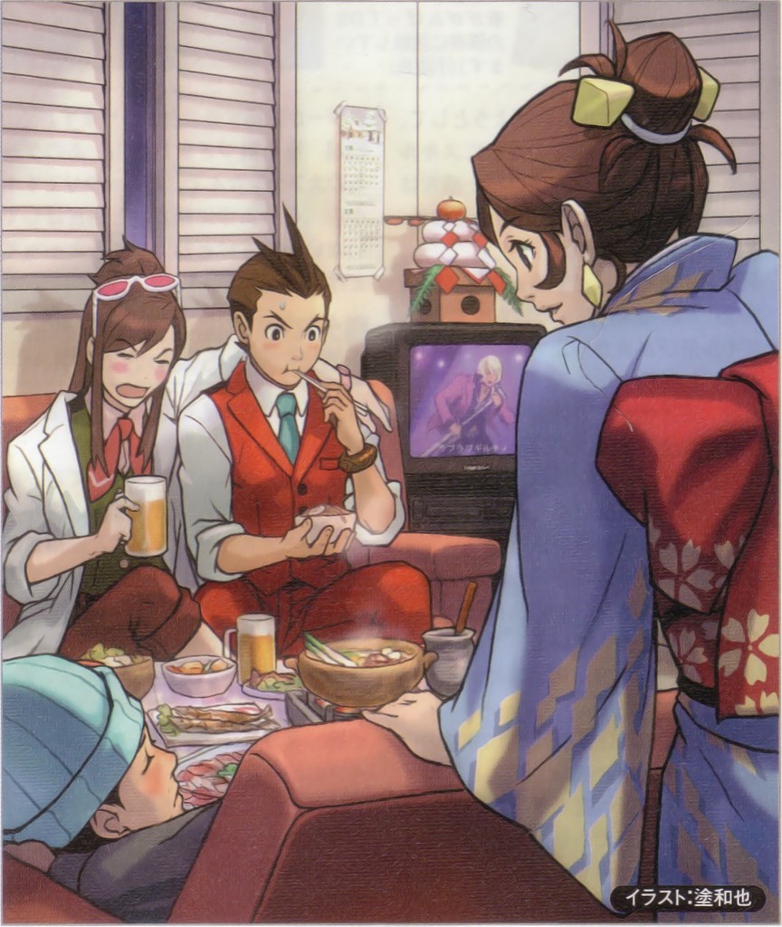 edaki shin'ya, nuri kazuya, apollo justice, ema skye, klavier gavin, phoenix wright, trucy wright, ace attorney, apollo justice: ace attorney, capcom, official art, 2boys, 2girls, alternate costume, beanie, blue hat, blue necktie, drunk, glasses, half updo, hat, japanese clothes, kimono, microphone, microphone stand, multiple boys, multiple girls, necktie, sleeves rolled up
