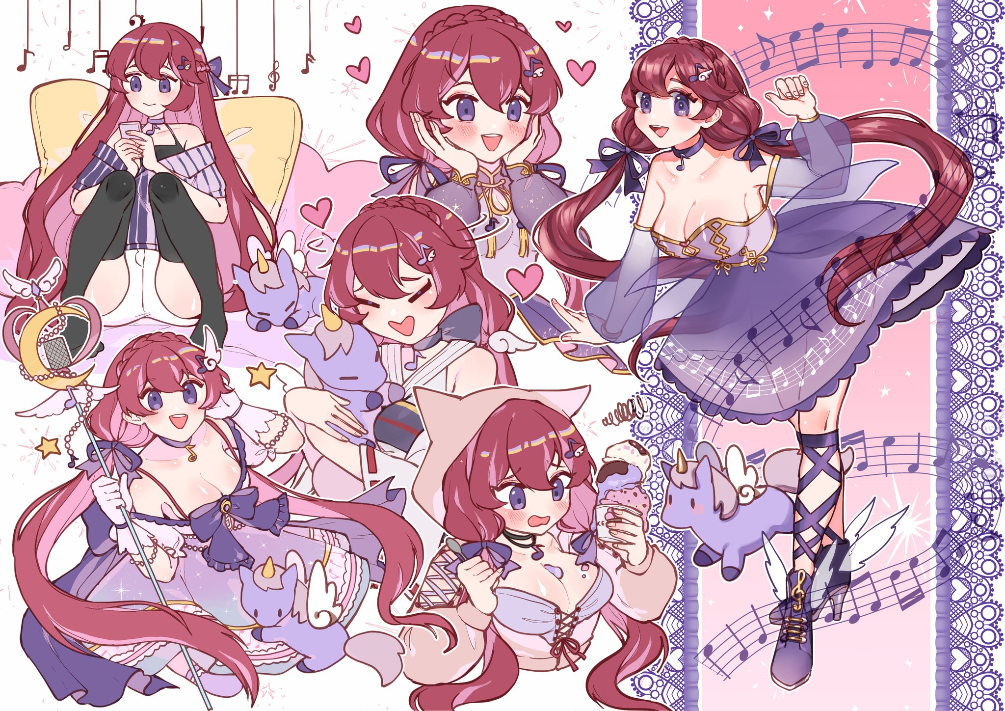 da3iann, seraphictune, black thighhighs, braid, breasts, dress, huge breasts, long hair, no bra, ponytail, purple dress, purple eyes, red hair, teeth, thighhighs, tongue, transparent
