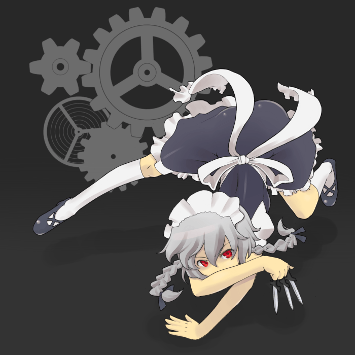 torque, izayoi sakuya, touhou, silver hair, 1girl, all fours, between fingers, braid, female focus, gears, holding, knife, red eyes, ribbon, solo, throwing knife, weapon