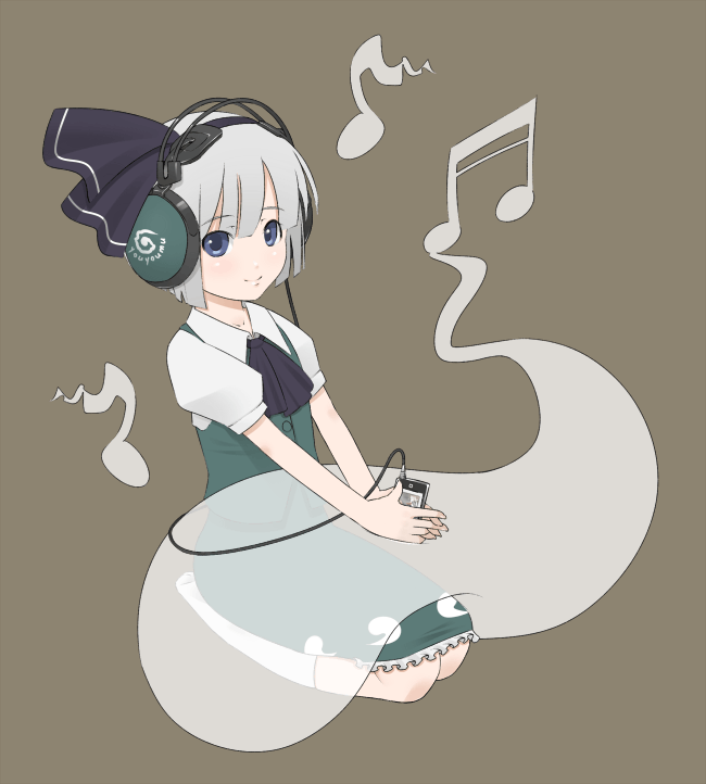 torque, konpaku youmu, konpaku youmu (ghost), touhou, 1girl, digital media player, female focus, headphones, hitodama, ipod, seiza, sitting, solo