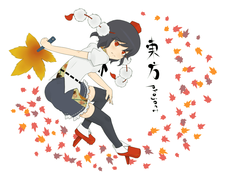 torque, shameimaru aya, touhou, 1girl, black hair, female focus, geta, hand fan, hat, leaf, maple leaf, red eyes, solo, tengu-geta, thighhighs, tokin hat