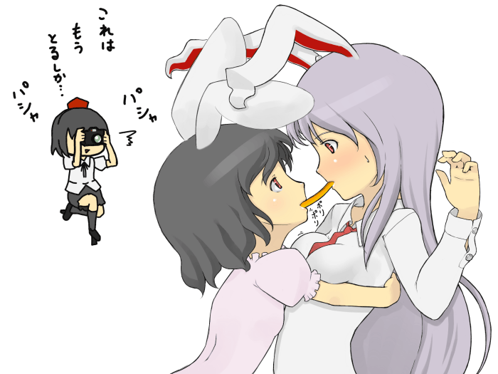 torque, inaba tewi, reisen udongein inaba, shameimaru aya, touhou, 3girls, age difference, animal ears, child, female focus, geta, hug, multiple girls, onee-loli, rabbit ears, tengu-geta, yuri