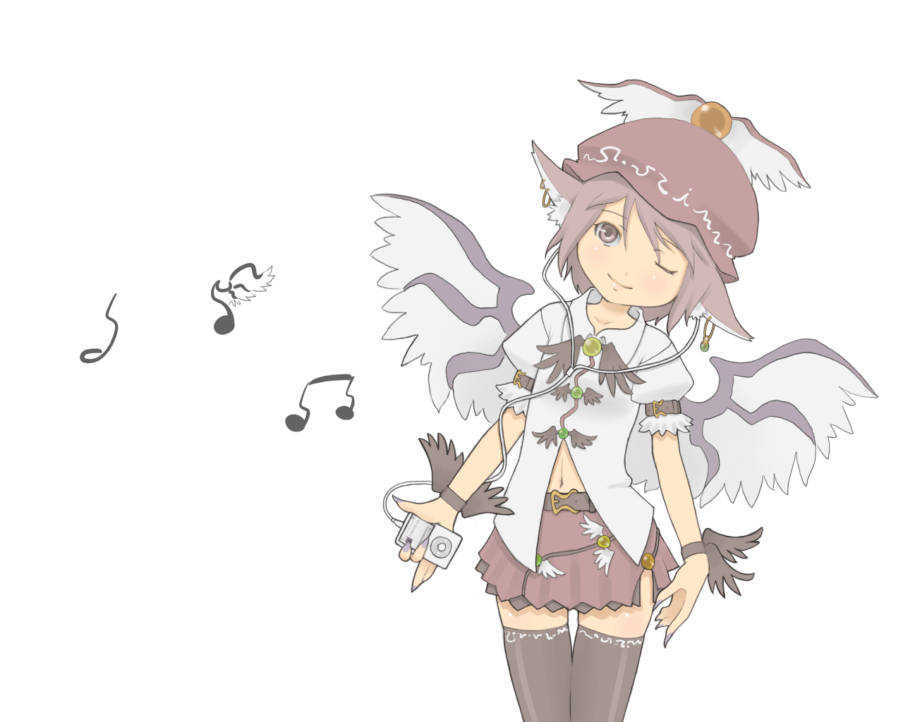 torque, mystia lorelei, touhou, 1girl, alternate costume, digital media player, female focus, ipod, ipod nano, ipod nano 3g, simple background, solo, standing, thighhighs, white background, wings