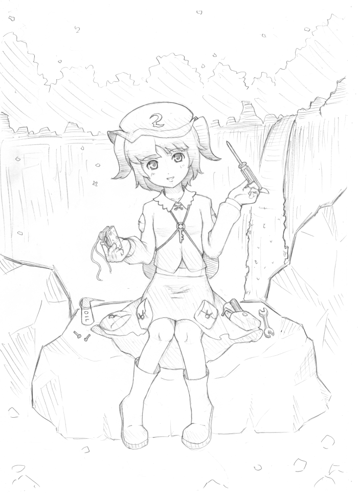 torque, kawashiro nitori, touhou, 1girl, female focus, greyscale, key, monochrome, screw, screwdriver, sketch, smile, solo, two side up, wrench
