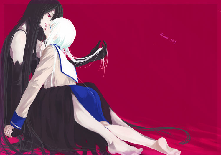 chronica, chronicle 2nd, sound horizon, 2girls, elbow gloves, female focus, gloves, kiss, long hair, lying, multiple girls, school uniform, sitting, white hair, yuri