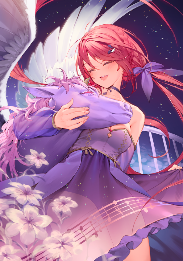 kitada mo, seraphictune, 1girl, braid, closed eyes, dress, long hair, no bra, open mouth, purple dress, red hair, skirt, teeth, tongue, transparent, transparent skirt