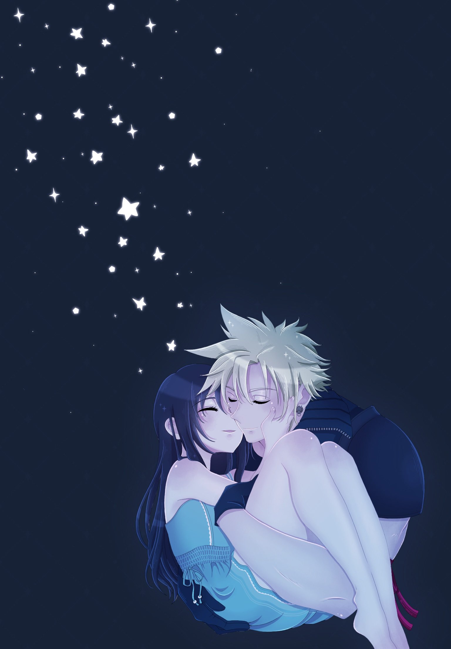 lumi 1000, cloud strife, fenrir (final fantasy), tifa lockhart, final fantasy, final fantasy vii, final fantasy vii advent children, final fantasy vii remake, commentary request, highres, 1boy, 1girl, aged down, aqua dress, armor, bare legs, bare shoulders, barefoot, black gloves, black hair, blonde hair, blush, carrying, closed eyes, closed mouth, dress, earrings, gloves, hand on another's cheek, hand on another's face, heads together, jewelry, legs, long hair, night, night sky, parted lips, princess carry, short hair, shoulder armor, sky, sleeveless, sleeveless dress, smile, sparkle, spiked hair, star (sky), star (symbol), starry sky, sundress, upper body