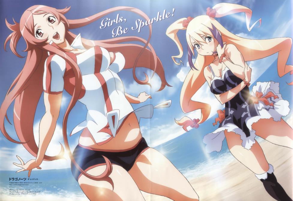 jacqueline baumgold, toa (dragonaut), dragonaut, 00s, 2girls, :d, beach, black dress, bouncing breasts, breasts, cleavage, collarbone, day, dress, large breasts, long hair, looking at viewer, midriff, multiple girls, ocean, open mouth, running, shirt, shore, short shorts, shorts, smile, t-shirt, twintails, very long hair
