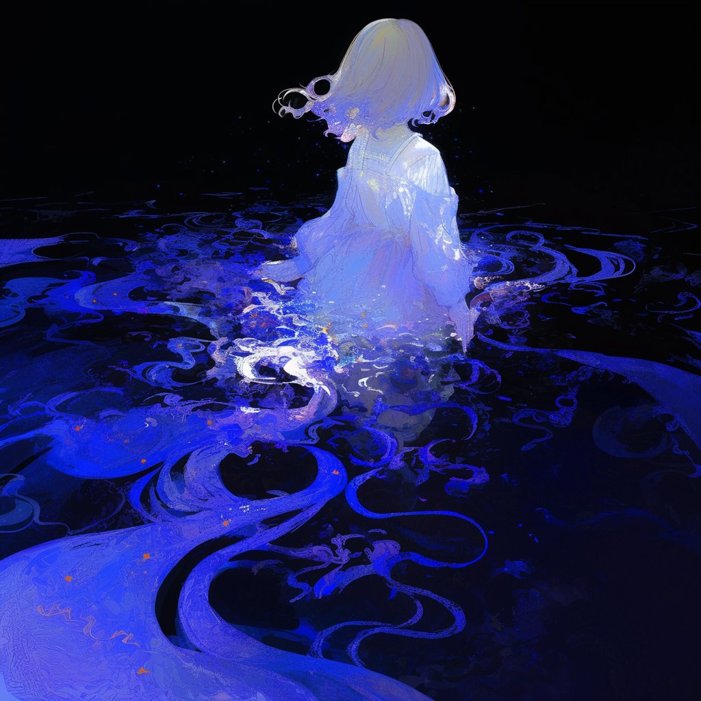 0 11xx, original, 1girl, black background, blue dress, colored extremities, dress, from behind, glowing, gradient clothes, gradient dress, gradient hair, medium hair, multicolored hair, nightgown, pale skin, partially submerged, solo, water, wet, white dress, white hair, white nightgown
