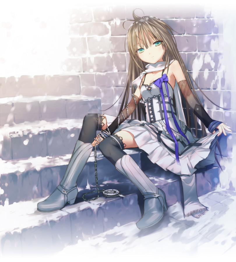 uni (plastic girl), original, wall, 1girl, boots, breasts, brick wall, brown hair, chain, detached sleeves, dress, female focus, full body, gothic lolita, green eyes, knee boots, lolita fashion, long hair, looking at viewer, outdoors, purple ribbon, ribbon, scarf, silver dress, sitting, sitting on stairs, skirt hold, sleeveless, sleeveless dress, sleeves past wrists, small breasts, snow, solo, spaghetti strap, stairs, thighhighs, very long hair, white scarf, zettai ryouiki