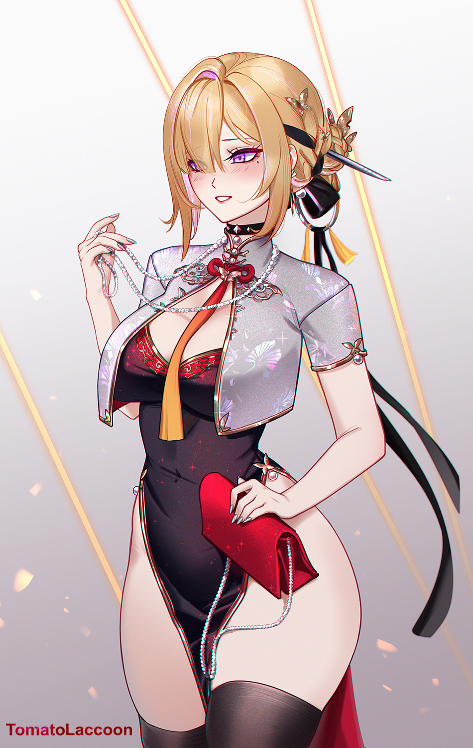 tomatolaccoon, evelyn chevalier, zenless zone zero, commentary, hashtag-only commentary, highres, 1girl, artist name, bag, black thighhighs, blonde hair, blush, braid, braided bun, breasts, butterfly hair ornament, china dress, chinese clothes, covered navel, dress, earrings, fingernails, hair bun, hair ornament, hand up, handbag, holding, holding bag, jewelry, looking ahead, medium breasts, mole, mole under eye, nail polish, parted lips, pelvic curtain, purple eyes, ring hair ornament, short hair, silver nails, smile, solo, thighhighs, thighs