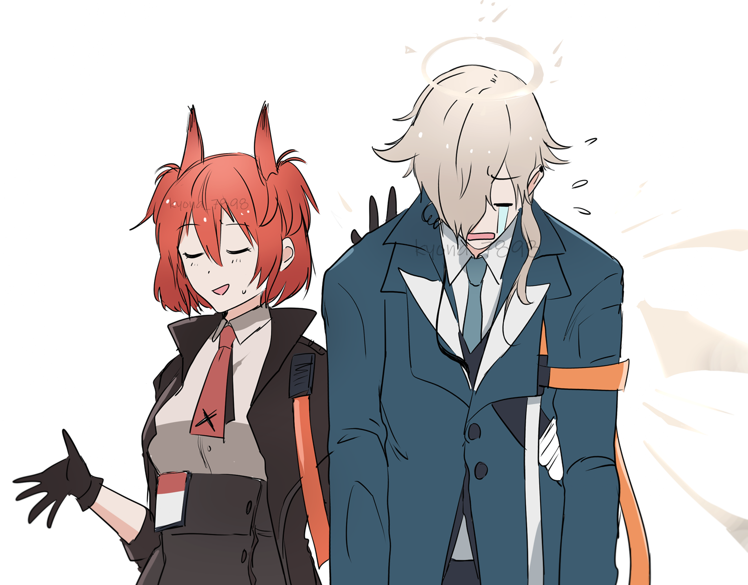 enforcer (arknights), fiammetta (arknights), arknights, 1boy, 1girl, animal ears, bird ears, bird girl, closed eyes, energy wings, halo, hetero, id card, jacket, kyona 7898