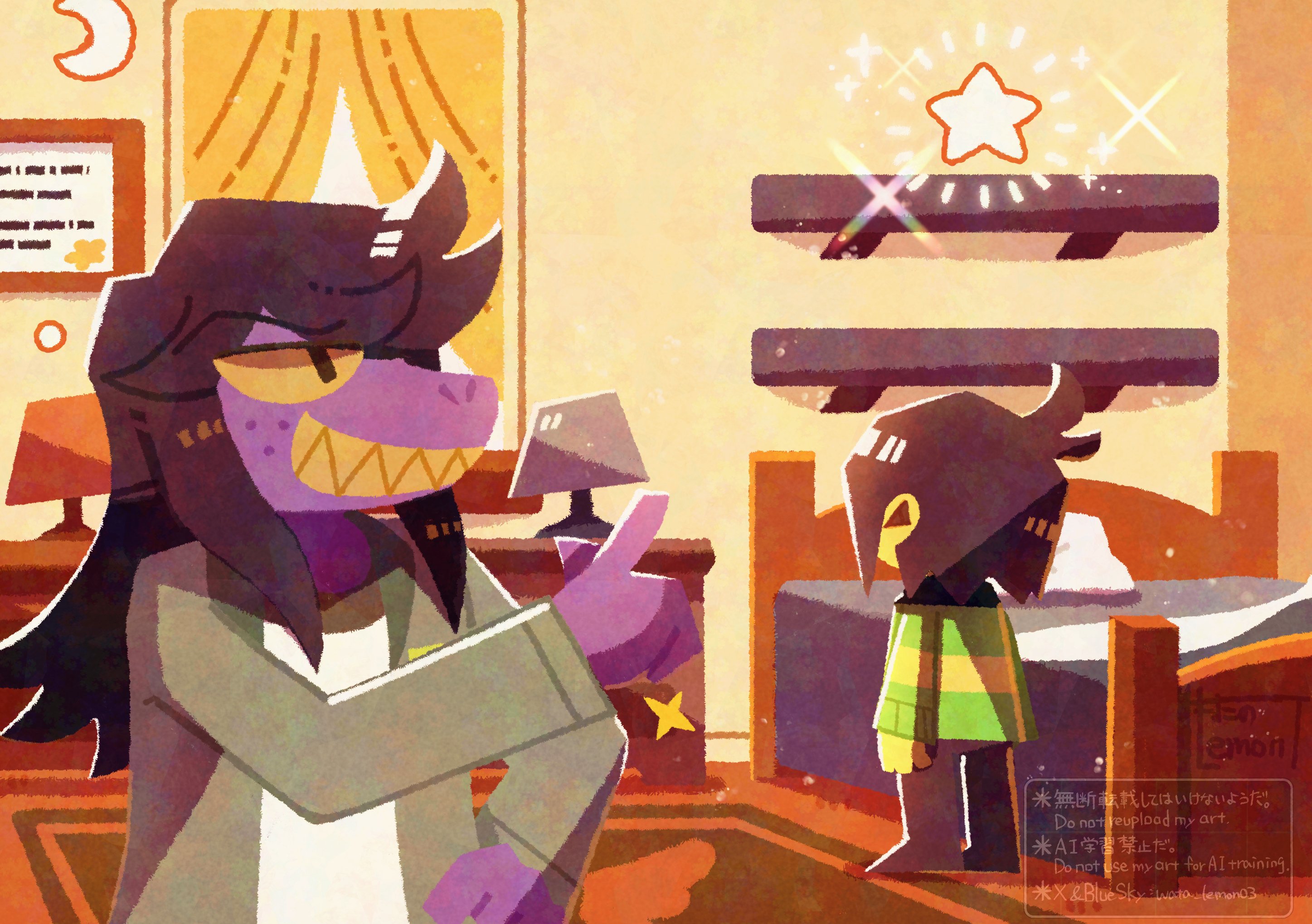 watawata22, kris (deltarune), susie (deltarune), deltarune, utdr (toby fox), highres, 1girl, 1other, androgynous, bed, bedroom, black eyes, black hair, black pants, black shoes, brown hair, colored sclera, colored skin, crescent, curtains, day, deformed, delta rune (symbol), freckles, from behind, full body, green jacket, green sweater, grin, hair over one eye, hand on own hip, happy, indoors, jacket, lamp, light particles, long hair, long sleeves, messy hair, monster girl, nightstand, nostrils, open clothes, open jacket, pants, pointing, purple skin, rug, sharp teeth, shelf, shirt, shoes, sidelocks, signature, single stripe, smile, snout, star (symbol), striped clothes, striped sweater, sweater, teeth, upper body, watermark, white shirt, window, yellow sclera