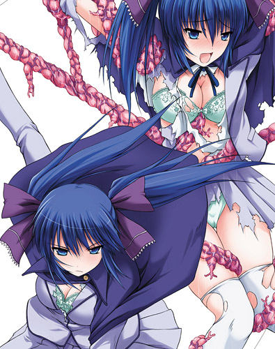 egvplus, midorigi mura, original, torn legwear, lowres, 1girl, arms up, blue eyes, blue hair, blush, bra, breasts, cameltoe, cape, cleavage, frown, green bra, green panties, hair ribbon, lace, lace bra, large breasts, lingerie, long hair, multiple views, open mouth, panties, pleated skirt, restrained, ribbon, school uniform, simple background, skirt, tentacles, thigh gap, thighhighs, torn clothes, twintails, underwear, white thighhighs