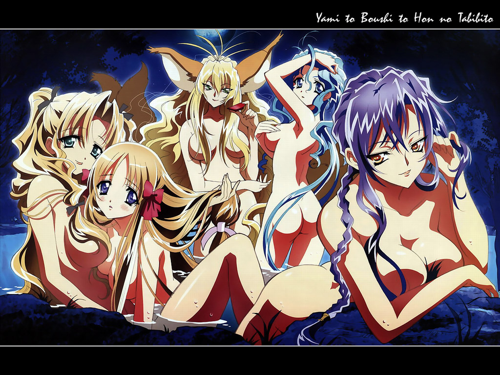 nishida asako, azuma hatsumi, ritsuko (yamibou), seiren (yamibou), sumeragi youko, tamamo no mae, yami to boushi to hon no tabibito, 00s, 5girls, animal ears, aqua eyes, arm up, ass, bath, blonde hair, blue eyes, blue hair, blush, bow, braid, breasts, brown hair, censored, cleavage, convenient censoring, copyright name, covering breasts, covering privates, cup, everyone, fox ears, full moon, green eyes, hair bow, hair censor, hair over breasts, hair over one breast, hair ribbon, hand in own hair, holding, large breasts, long hair, looking at viewer, low-tied long hair, medium breasts, moon, multiple girls, nude, onsen, open mouth, outdoors, partially submerged, purple eyes, purple hair, red eyes, ribbon, sakazuki, sideboob, sidelocks, single braid, sitting, smile, standing, tail, tree, very long hair, wading, water, wet, yellow eyes