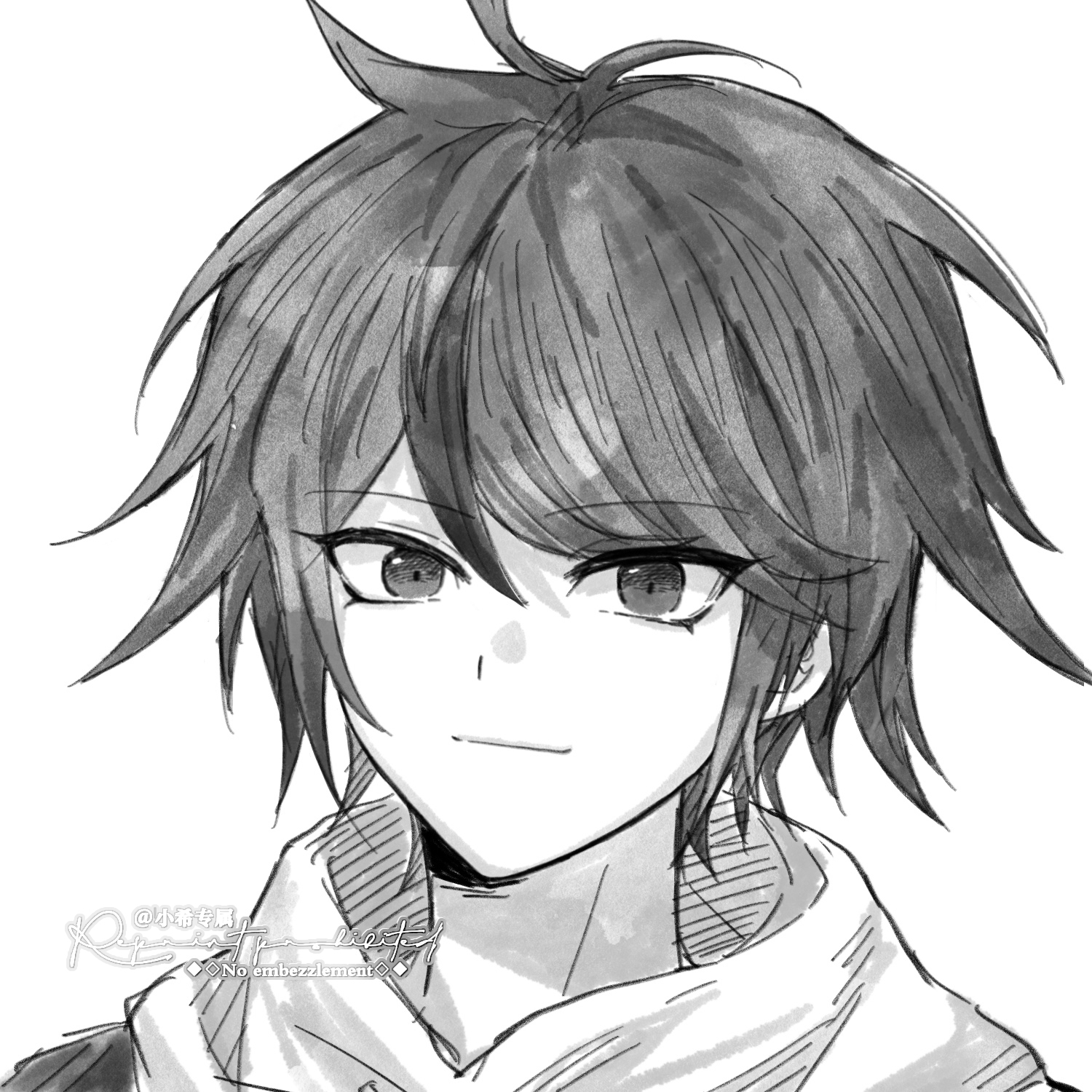 sumino takumi, the hundred line -last defense academy-, chinese commentary, commentary request, commission, highres, 1boy, art program in frame, closed mouth, greyscale, hood, hood down, looking at viewer, male focus, monochrome, portrait, short hair, simple background, smile, solo, tsurime, watermark, white background, xi (ciciiii96148)