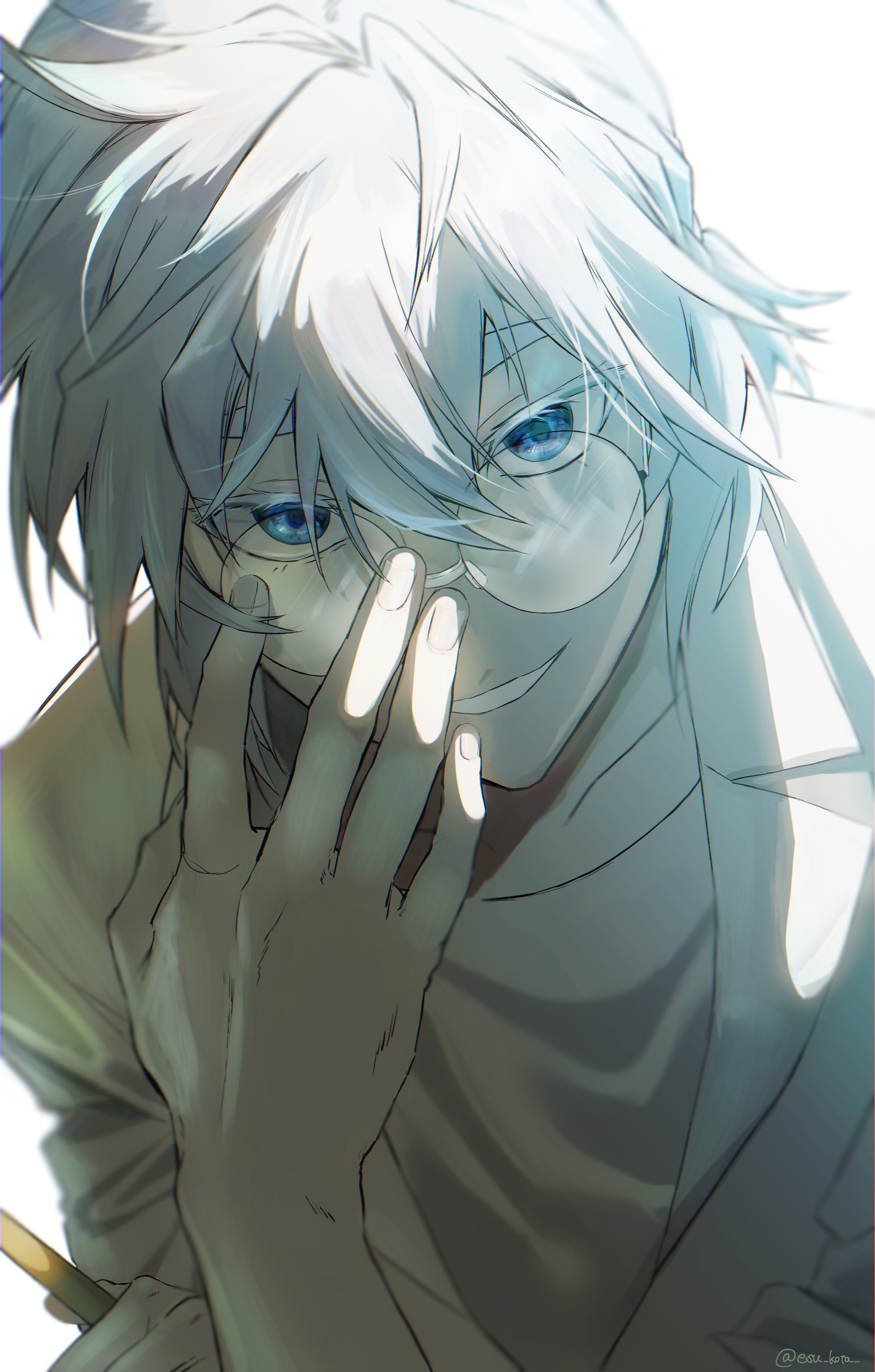 esu kota, khun aguero agnis, tower of god, absurdres, highres, adjusting eyewear, artist name, backlighting, blue eyes, blue hair, glasses, holding, jacket, looking at viewer, male focus, medium hair, pale skin, round eyewear, shaded face, shadow, shirt, signature, smile, solo, teeth, twitter username, white jacket, white shirt