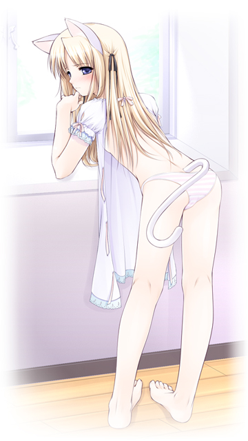 ooji, 1girl, animal ears, ass, barefoot, black ribbon, blonde hair, blue eyes, blush, cat ears, cat girl, cat tail, female focus, full body, loli, long hair, no bra, open clothes, pajamas, panties, parted bangs, pink ribbon, ribbon, solo, striped clothes, striped panties, tail, toes, underwear